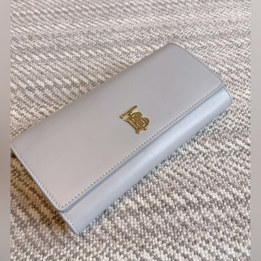 Burberry Light Gray Leather Continental Wallet with Gold Logo